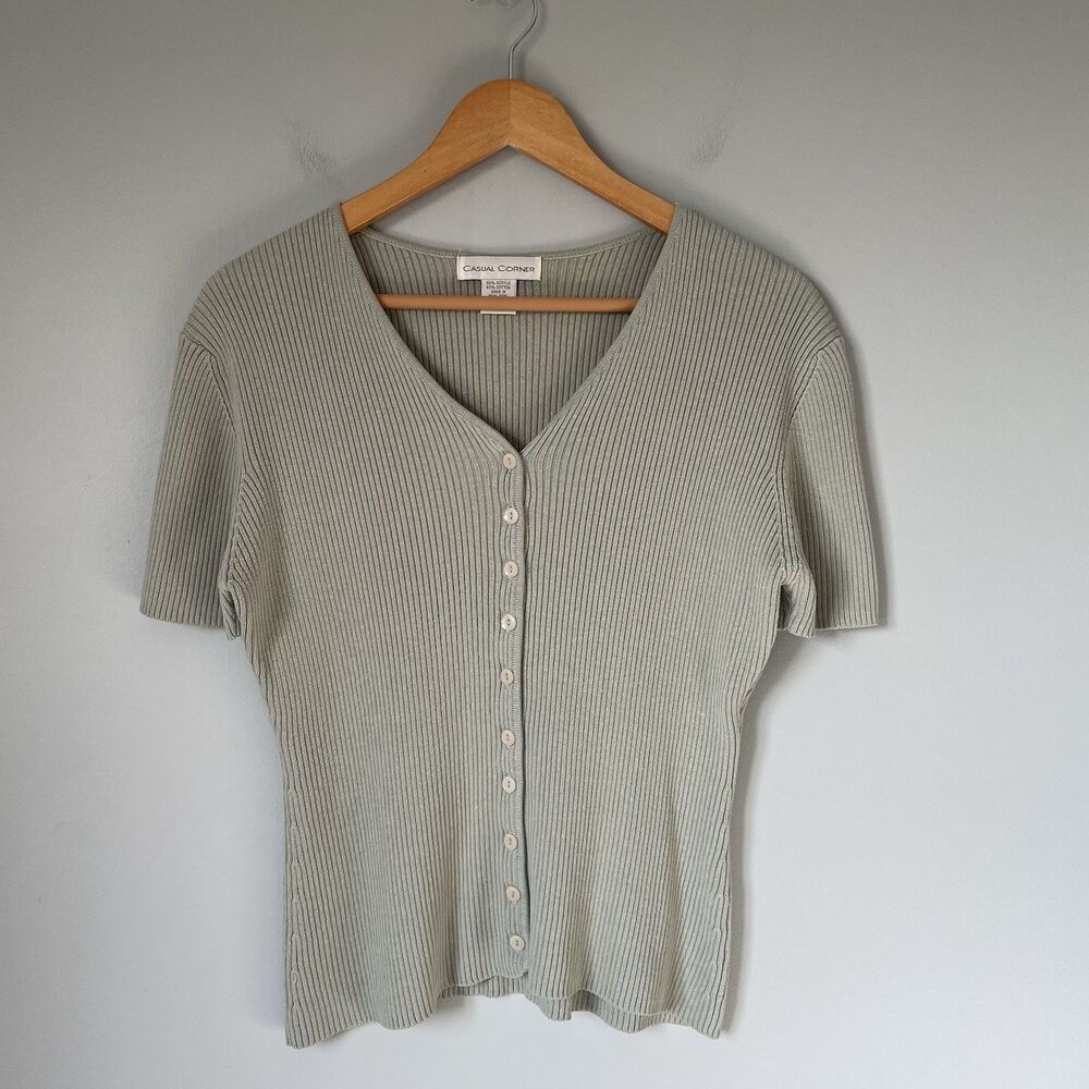 Casual Corner Vintage Knit Sweater Top Button Up V-Neck Green Women's Size Large